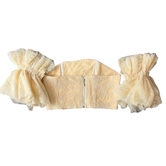 Apricot Off Shoulder Embroidered Corset Crop Top Dramatic Puff Sleeve Coquette - Picture 13 of 14